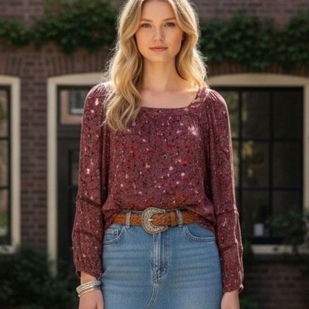 Knox Rose Burgundy Ditsy Floral Square Neck Boho Blouse Cottagecore Prairie S‎